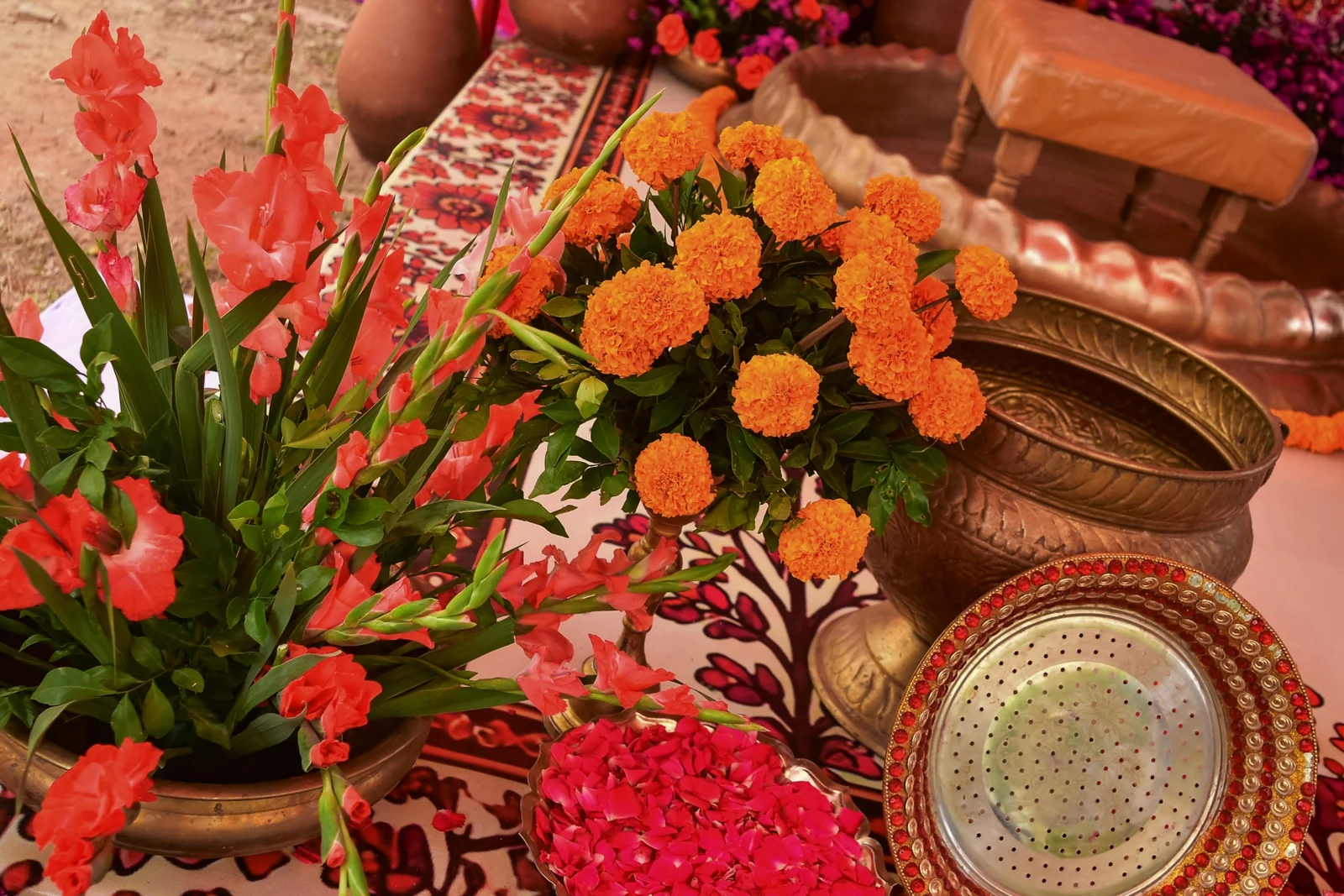 Flowers and ceremonial offerings arranged for a Hindu wedding