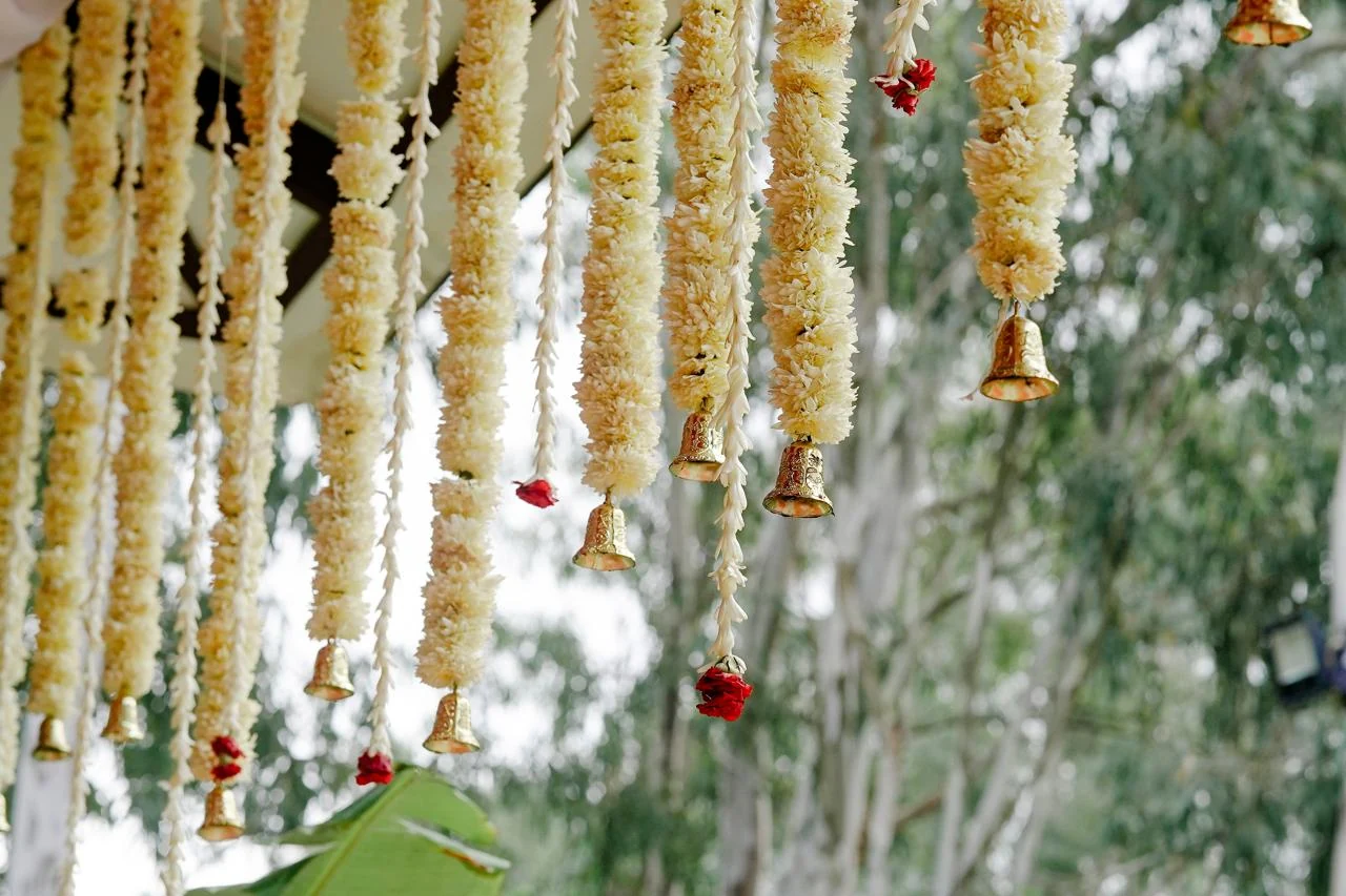 White and yellow flower garlands hanging among greenery.